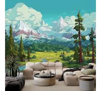 3D Papier Peint Panoramique 250 x 175 cm Nature Des Dessins Animés | Montagnes Forêts Papier Peint Intissé, Murales Poster pour Salon, Chambre d'enfants Décoration, Murale Facile à Monter, Bleu