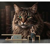 3D Papier Peint Panoramique Académie Des Ténèbres Photo Poster, 250x175cm | Papier Peint Mural Chat Maine Coon Et Vieux Livres Fresque Murale Décoration Murale pour Salon, Chambre à Coucher TV Fond