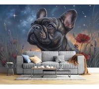 3D Papier Peint Panoramique Animaux Mignons Guérisseurs, 300x210cm Bouledogue Français Ciel Étoilé Coquelicot Grandes Murales Poster pour Salon, Adulte Chambre d'enfants, Étude Décoration, Noir Bleu