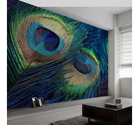 3D Papier Peint Panoramique Animaux Paon Plumes Rayures, Papier Peint Panoramique Murale Photographie de Nature pour Salon Chambre d'Enfant Salle de Jeux - Décoration Murale Photo 300L x 210H cm