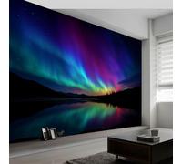 3D Papier peint panoramique aurore boréale ciel nocturne forêt, papier peint panoramique murale photographie de nature pour salon chambre chambre d'enfant - Décoration murale photo 350L x 256H cm