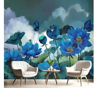 3D Papier Peint Panoramique Bleu Foncé Tissus non tissés Chine Peinture À L'Encre,300×210cm Murales Panoramique Lotus Feuilles pour Salon, Adulte Chambre d'enfants, XXL Décoration Murale
