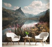 3D Papier Peint Panoramique Bleu Tissus non tissés Nordique Champs Plantes,260×180cm Murales Panoramique Fleurs Sauvages Montagnes pour Salon, Adulte Chambre d'enfants, XL Décoration Murale