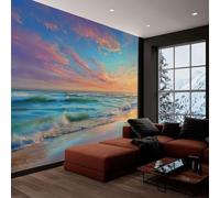 3D Papier Peint Panoramique Bord De Mer, intissé 200 x 140 cm Muraux Tapisserie Coucher De Soleil Sur L'Océan Et La Plage Grandes Murales Poster pour Salon, Adulte Chambre d'enfants, Étude Décoration