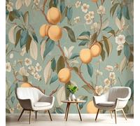 3D Papier Peint Panoramique Brindilles Pêches Rétro Vert 400×280cm Non-Tissées Mural, Terres Agricoles Fruits XXL Grandes Murales Poster pour Salon, Adulte Chambre d'enfants, Étude Décoration