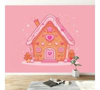 3D Papier peint panoramique dessin animé maison pain d'épice rose cœur, papier peint panoramique murale princesse pour salon chambre chambre d'enfant - Décoration murale photo 350L x 256H cm
