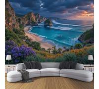 3D Papier Peint Panoramique Falaises Plages Bleu 300×210cm Non-Tissées Mural, Rochers Fleurs XXL Grandes Murales Poster pour Salon, Adulte Chambre d'enfants, Étude Décoration