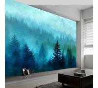 3D Papier peint panoramique forêt paysage pin brume, papier peint panoramique murale style peinture numérique pour salon chambre chambre d'enfant - Décoration murale photo 300L x 210H cm
