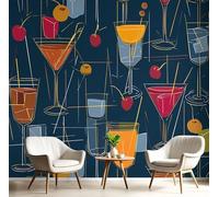 3D Papier Peint Panoramique Géométrie Cocktail Intissé, 400×280cm Rétro Rayures Verre À Vin Grandes Murales Poster pour Salon, Adulte Chambre d'enfants, Étude Décoration