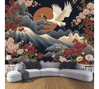 3D Papier Peint Panoramique Japon Fleurs Cerisier Montagnes Noir 100×70cm Non-Tissées Mural, Est Grue Grandes Murales Poster pour Salon, Adulte Chambre d'enfants, Étude Décoration