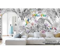 3D Papier Peint Panoramique Jungle Soie Tropicale, 500 X 280 cm Noir et Blanc Plantes Fleur, Feuille, Oiseau Perroquet Grandes Murales Poster pour Salon, Adulte Chambre d'enfants, Étude Décoration