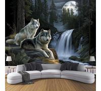 3D Papier Peint Panoramique Loup Forêt 150×105cm Intissé Wallpaper Chambre Bureau Deco Motif Faune Sauvage Cascades Décoration Murale Marron
