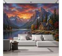 3D Papier Peint Panoramique Maison en bois de l'ours du lac Mountain, Papier Peint Panoramique Murale Paysages naturels pour Salon Chambre Chambre D'Enfant - Décoration Murale Photo 400x280cm