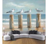 3D Papier Peint Panoramique Mouette Sur Un Piquet En Bois Intissé, 400×280cm Plage Animaux Grandes Murales Poster pour Salon, Adulte Chambre d'enfants, Étude Décoration