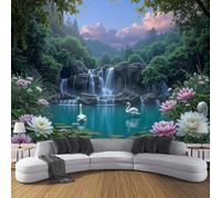 3D Papier Peint Panoramique Nature Forêt Cascade 400×280cm Intissé Wallpaper Chambre Bureau Deco Motif Cygne Lotus Décoration Murale Marron
