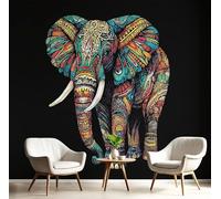 3D Papier Peint Panoramique Noir Tissus non tissés Éléphant Indien,150×105cm Murales Panoramique Bohême Animaux pour Salon, Adulte Chambre d'enfants, Décoration Murale