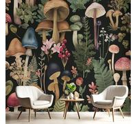 3D Papier Peint Panoramique Noir Tissus non tissés Rétro Plantes,150×105cm Murales Panoramique Champignons Forêt Fleurs Sauvages pour Salon, Adulte Chambre d'enfants, Décoration Murale