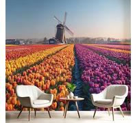 3D Papier Peint Panoramique Orange Tissus non tissés Champs Fleurs,150×105cm Murales Panoramique Pays-Bas Tulipes pour Salon, Adulte Chambre d'enfants, Décoration Murale
