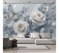 3D Papier Peint Panoramique Plantes Et Fleurs Soie - 150×105 CM Motifs Roses Blanches Feuilles Et Papillons. Grandes Murales Poster Pour Géant 3D Salon, Chambre D'Enfants Étude Décoration Murale