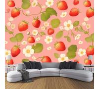 3D Papier Peint Panoramique Rose Tissus non tissés Fruits Dessin Animé,400×280cm Murales Panoramique Aquarelle Fraise pour Salon, Adulte Chambre d'enfants, XXL Décoration Murale