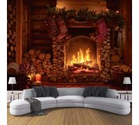 3D Papier Peint Panoramique Rouge Tissus non tissés Classique Flamme,300×210cm Murales Panoramique Cheminée Bois Noël pour Salon, Adulte Chambre d'enfants, XXL Décoration Murale