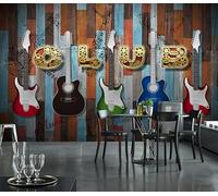 3D Papier Peint Panoramique Soie Guitare Électrique Rétro,315x215cm Bar En Bois Ktv Murales Poster pour le salon ou la chambre à coucher