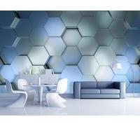 3D Papier Peint Panoramique Soie Hexagone Bleu-Argenté，130x80cm Géométrie 3D Murales Poster pour le salon ou la chambre à coucher
