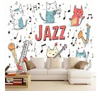 3D Papier Peint Panoramique Soie Style Musical Jazz，150x130cm Chat Blanc De Bande Dessinée Murales Poster pour le salon ou la chambre à coucher