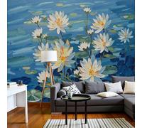 3D Papier Peint Panoramique Style De Peinture À L'Huile En Impasto Soie - 350×256 Cm Nénuphars Blancs Dans L'Étang Grandes Murales Poster Pour Géant 3D Salon, D'Enfants Étude Décoration Murale