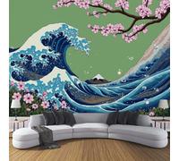 3D Papier Peint Panoramique Vert Tissus non tissés Surf Fleurs Prunier,350× 256cm Murales Panoramique Abstrait Vagues Énormes pour Salon, Adulte Chambre d'enfants, XXL Décoration Murale