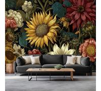 3D Papier peint panoramique vintage plantes fleurs feuilles, papier peint panoramique murale moderne du milieu du xxe siècle pour salon chambre d'enfant - Décoration murale photo 300L x 210H cm