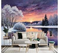 3D Papier Peint Paysage Hivernal Poétique Coucher De Soleil Rivière Reflets | Tissu en Soie Véritable à la Texture Raffinée Adapté au Salon Chambre Bureau Salle Manger et Mur Derrière le TV-400cm×280cm