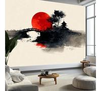 3D Papier Peint Paysage japonais Pont Temple Soleil rouge, Papier peint panoramique 400 x 280 CM (L x H) - Pour Salon Chambre D'Enfant Décoration Murale Poster, Beige