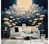 3D Papier Peint Paysage Nocturne Féérique Femme Clair De Lune Nuages Lotus | Texture Soyeuse Haut de Gamme Adaptée au Bureau à la Salle Manger au Coin Canapé Chambre Salon et Mur Derrière TV-300cm×210cm