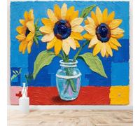 3D Papier Peint Peinture À La Main Vase En Verre Tournesols Abstrait Bleu | Soie Texturée Haut de Gamme Idéale Pour le Bureau la Salle à Manger Salon Chambre Canapé et Décoration Murale-250cm×170cm