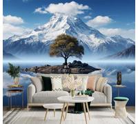 3D Papier Peint Petite Île Arbre Solitaire Montagnes Enneigées Lac Reflet | Tissu en Soie Véritable à la Texture Raffinée Adapté au Salon Chambre Bureau Salle Manger et Mur Derrière le TV-400cm×280cm