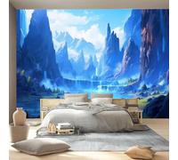 3D Papier peint photo non tissé, 1 Fantaisie Montagnes Lacs Cascades Motif Papier Peint Panoramique Décor, 400 x 280 cm Grandes Poster Murales Pour Chambre Salon Bureau Décoration, Bleu