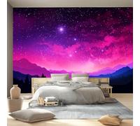 3D Papier peint photo non tissé, Galaxie Ciel Étoilé Voie Lactée Montagnes Motif Papier Peint Panoramique Décor, 200 x 140 cm Grandes Poster Murales Pour Chambre Salon Bureau Décoration, Violet