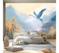 3D Papier peint photo non tissé, Style Chinois Aquarelle Montagnes Oiseaux Motif Papier Peint Panoramique Décor, 300 x 210 cm Grandes Poster Murales Pour Chambre Salon Bureau Décoration, Gris