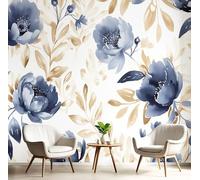 3D Papier Peint Pivoines Et Petites Fleurs, 400x280cm Papier Peint Panoramique Fleurs À L'Aquarelle Papiers Mural pour Salon Chambre Chambre D'Enfant Décoration Murale, Bleu Foncé
