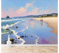 3D Papier Peint Plage Tranquille Couple En Promenade Chiot Vagues Ciel Bleu | Texture Soyeuse Haut de Gamme Adaptée au Bureau à la Salle Manger au Coin Canapé Chambre Salon et Mur Derrière TV-250cm×170cm