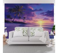 3D Papier Peint Plantes Tropicales Palmiers Violets Tapisserie Murales Panorama Papier Peint Panoramique Paysage de Voile au Coucher du Soleil Pour Salon Chambre D'Enfant Décoration Murale 500x317cm