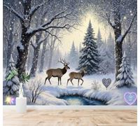 3D Papier Peint Poétique Forêt Hivernale Cerfs Flocons De Neige Rivière | Soie Texturée Haut de Gamme Idéale Pour le Bureau la Salle à Manger Salon Chambre Canapé et Décoration Murale-200cm×140cm
