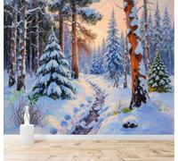 3D Papier Peint Poétique Forêt Hivernale Pins Coucher De Soleil Sentier | Soie Texturée Haut de Gamme Idéale Pour le Bureau la Salle à Manger Salon Chambre Canapé et Décoration Murale-350cm×256cm