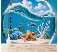 3D Papier Peint Poissons Marins Étoiles De Mer Coraux Vagues Bleues Bol | Texture Soyeuse Haut de Gamme Adaptée au Bureau à la Salle Manger au Coin Canapé Chambre Salon et Mur Derrière TV-300cm×210cm
