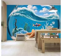 3D Papier Peint Poissons Marins Étoiles De Mer Coraux Vagues Bol En Verre | Texture Soyeuse Haut de Gamme Adaptée au Bureau à la Salle Manger au Coin Canapé Chambre Salon et Mur Derrière TV-150cm×105cm