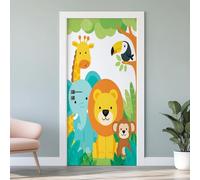 3D Papier Peint Porte Trompe L'Oeil Effect Animaux Enfants Affiche Lion Éléphant Girafe Singe Sticker de Porte Poster, Auto-adhésif Imperméable Dessin Animé Autocollant Mural 88x200 cm S3g81