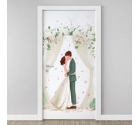 3D Papier Peint Porte Trompe L'Oeil Effect Câlin Baiser Couple Affiche Couronne de Fleurs Sticker de Porte Poster, Auto-adhésif Imperméable Mariage Romance Autocollant Mural 95x215cm P5j114
