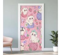 3D Papier Peint Porte Trompe L'Oeil Effect Chat Mignon Affiche Fraise Chaton Sticker de Porte Poster, Auto-adhésif Imperméable Fleurs Papillon Autocollant Mural 88x200 cm S3g193