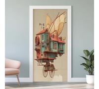 3D Papier Peint Porte Trompe L'Oeil Effect Fantastique Maison Affiche Architecture Cabane Sticker de Porte Poster, Auto-adhésif Imperméable Steampunk Autocollant Mural 88x200 cm G6s97
